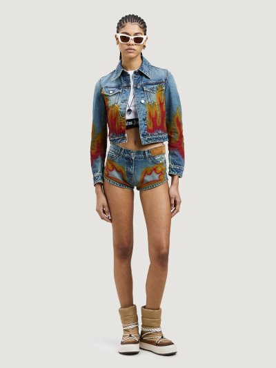 Palm Angels Burning Denim Jacket Bundy Damske Svetlo Modre Červené | SK-529852