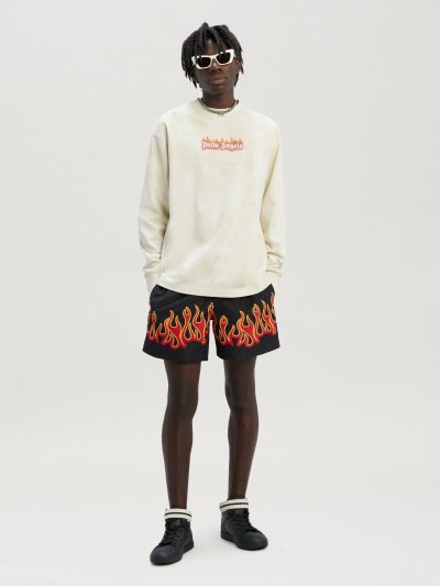 Palm Angels Burning Logo Klasické Tee Long Sleeves Tricko Panske Biele Čierne | SK-227553