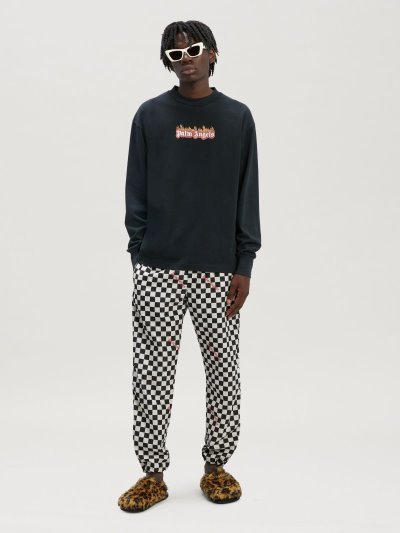 Palm Angels Burning Logo Klasické Tee Long Sleeves Tricko Panske Čierne Biele | SK-596294