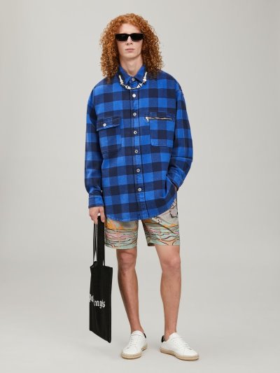 Palm Angels Curved Logo Checked Shirt Kosele Panske Modre Biele | SK-278303