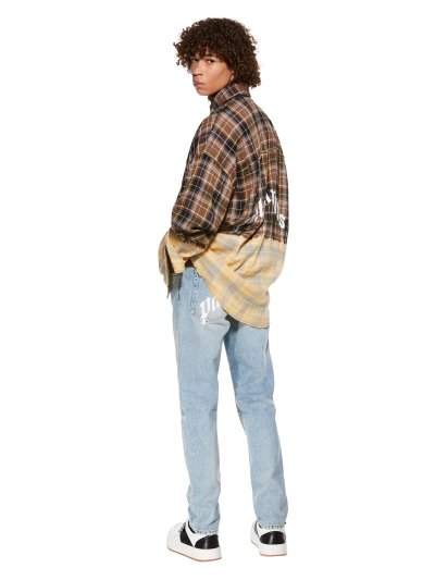 Palm Angels Curved Logo Faded Denim Džínsy Panske Svetlo Modre Biele | SK-385572