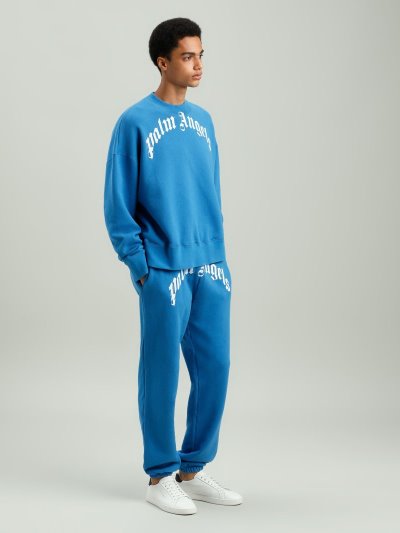 Palm Angels Curved Logo Sweatpants Sportove Nohavice Panske Modre Biele | SK-148816