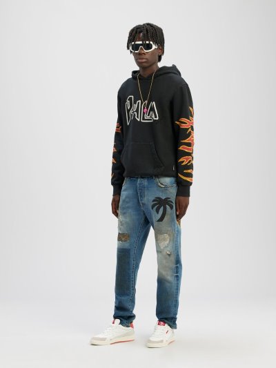 Palm Angels Curved Palm Tree Regular Denim Pants Džínsy Panske Modre Čierne | SK-450357