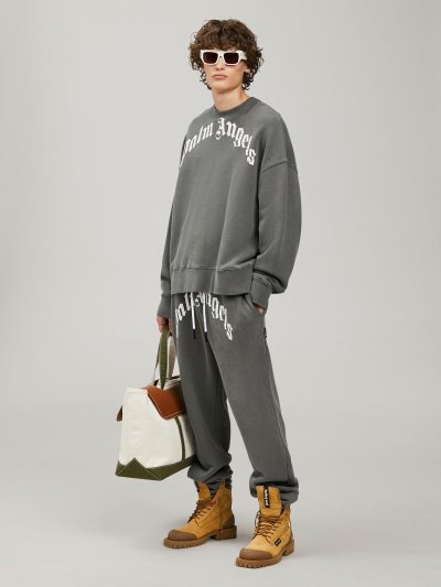 Palm Angels Dark Grey Curved Logo Sweatpants Sportove Nohavice Panske Čierne Biele | SK-920672