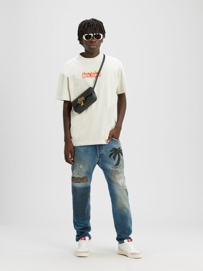 Palm Angels Garment Dye Burning Logo Klasické Tee Tricko Panske Biele Čierne | SK-287604