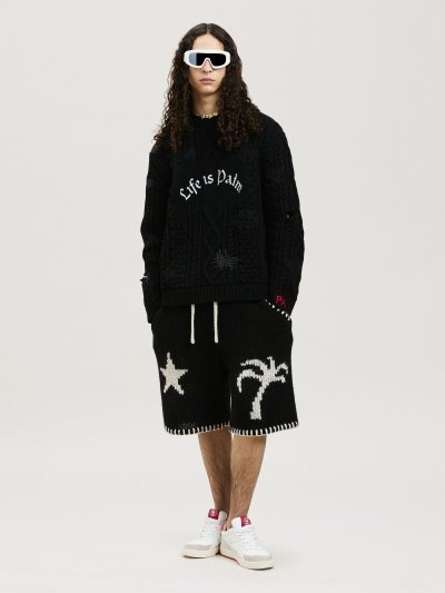 Palm Angels Life Is Palm Fisherman Svetrove Saty Jumpers Panske Čierne Biele | SK-530480