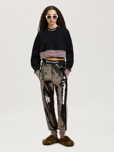 Palm Angels Logo Rib Cropped Sweatshirt Mikiny Damske Čierne Biele | SK-580617