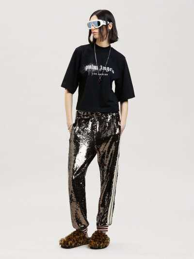 Palm Angels Rhinestone Sprayed Klasické Tee Tricko Damske Čierne Biele | SK-640981