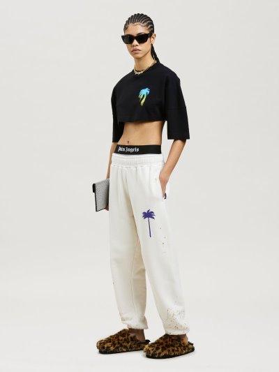Palm Angels Sprayed Palm Overlogo Cropped Tee Tricko Damske Čierne Zelene | SK-327276