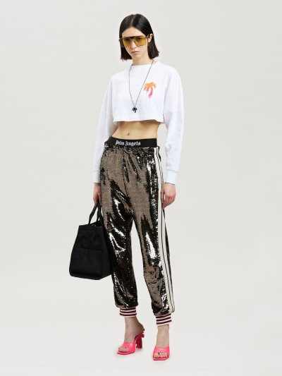 Palm Angels Sprayed Palm Overlogo Cropped Tee Tricko Damske Biele Fuchsie | SK-651060